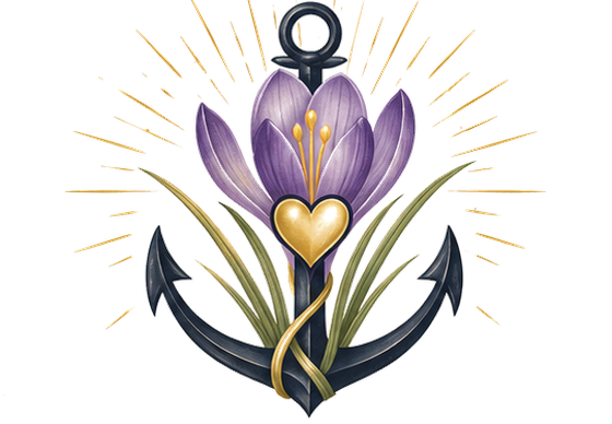 The Hope Lives Here mark: a purple crocus rising through a dark anchor, with a gold heart at its centre