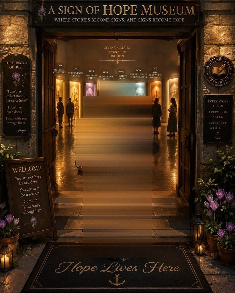 The entrance to the Museum: the doors stand open on a lit corridor of seven galleries, crocuses in pots on either side, a welcome board at the threshold and a mat reading Hope Lives Here
