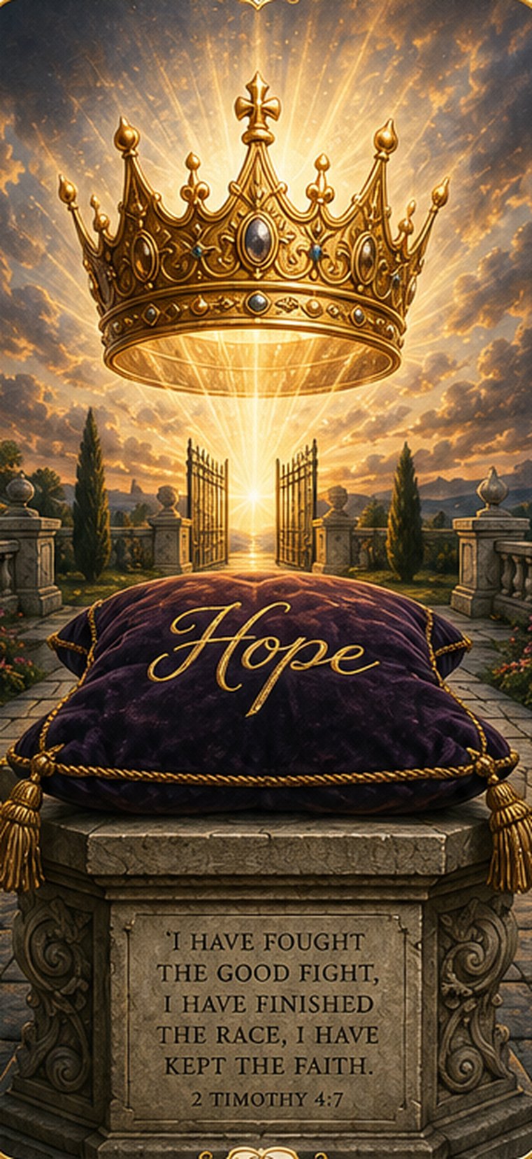 A radiant golden crown above a velvet cushion embroidered with the word Hope, before open gates at sunrise