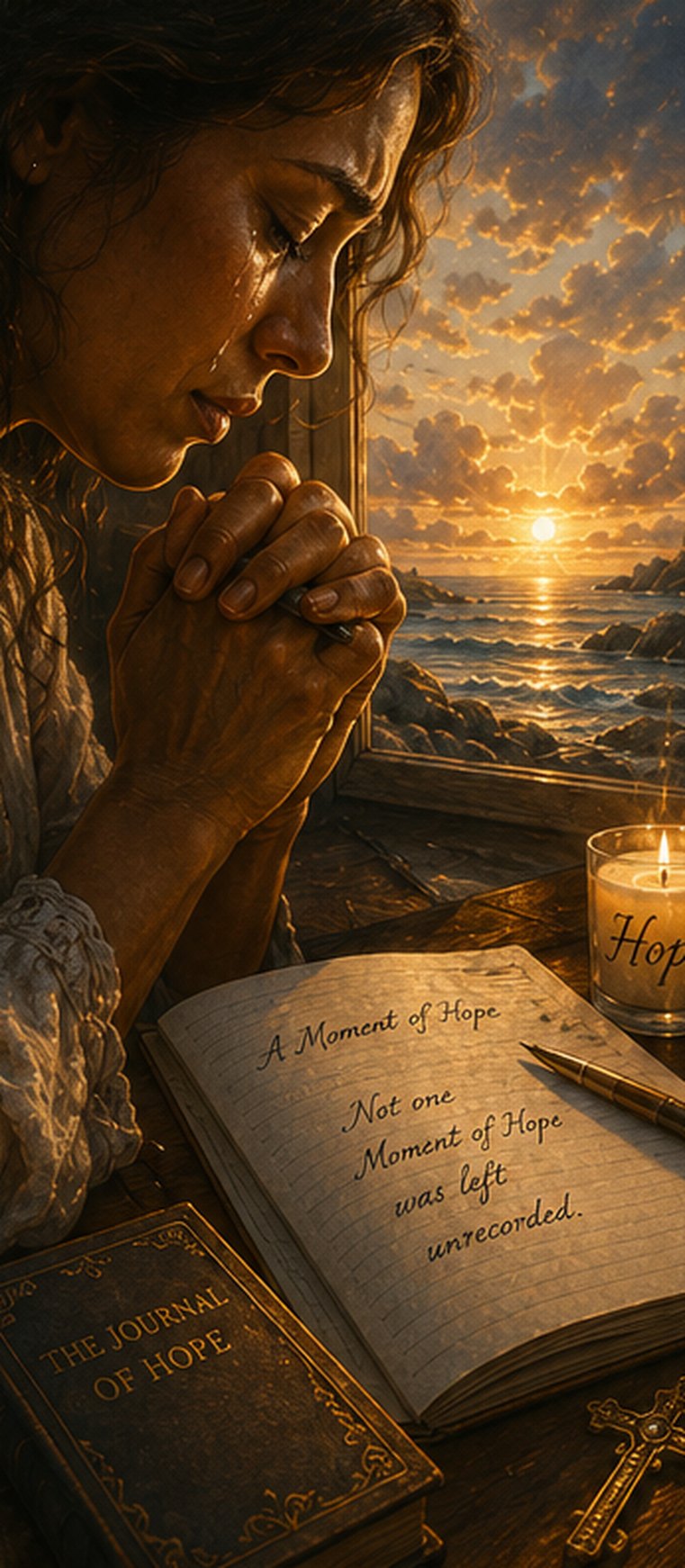 A woman praying at a window at sunrise beside a candle and an open journal titled The Journal of Hope
