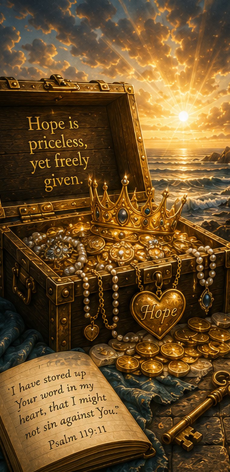 An open treasure chest of gold, pearls and a crown at sunrise, with a golden heart engraved with the word Hope