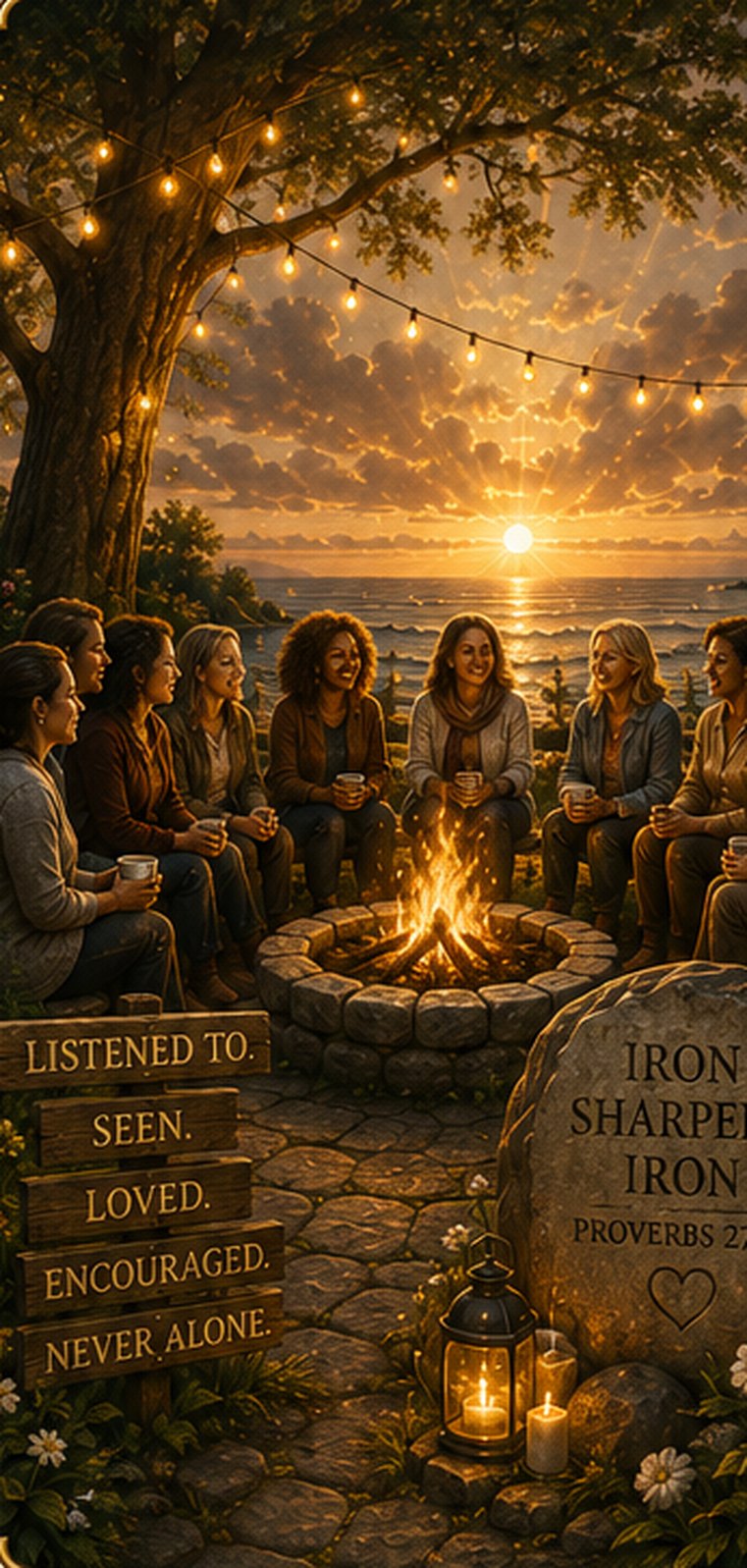 A circle of people gathered around a fire under lantern light at sunset, beside a stone carved Iron sharpens iron