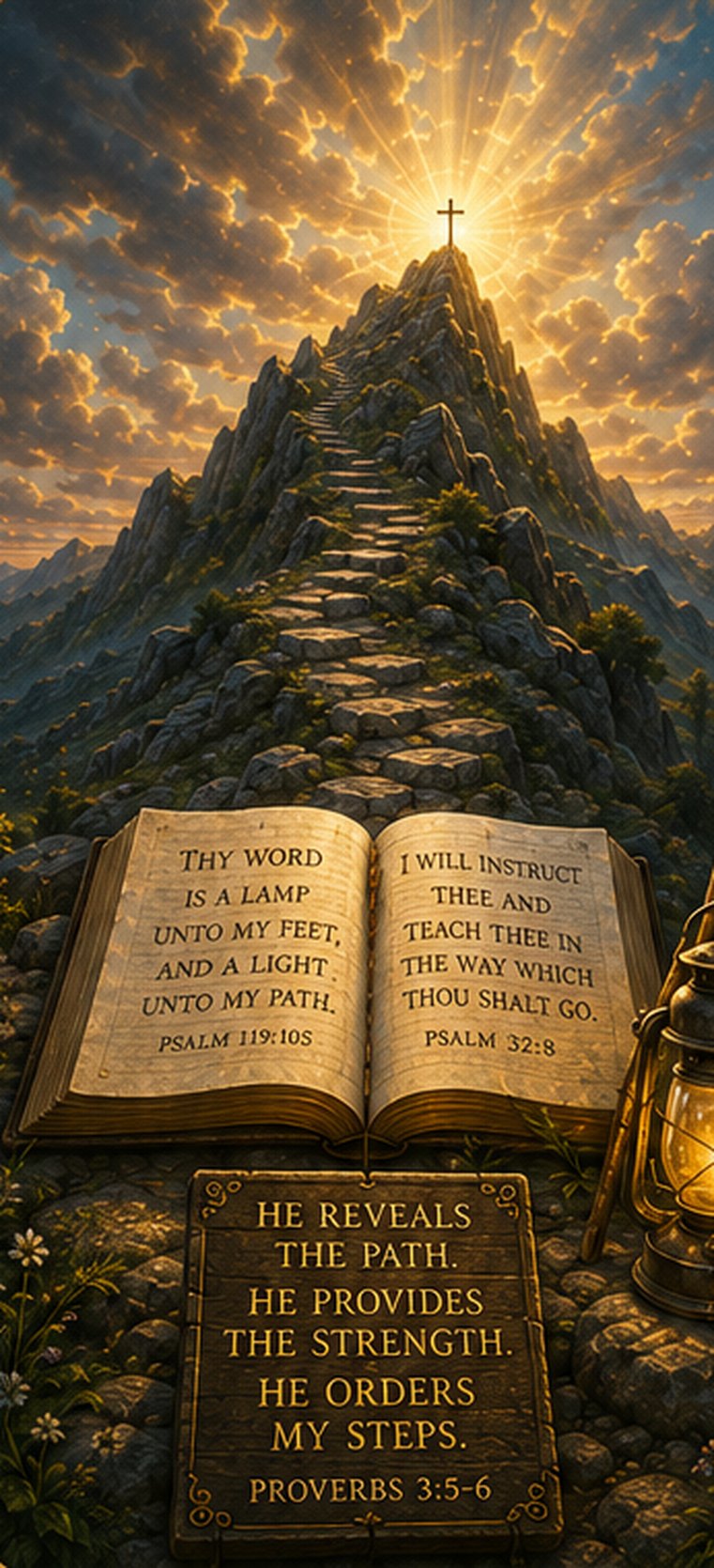 A steep mountain path rising to a cross in the light, with an open Bible and a lit lantern at its base