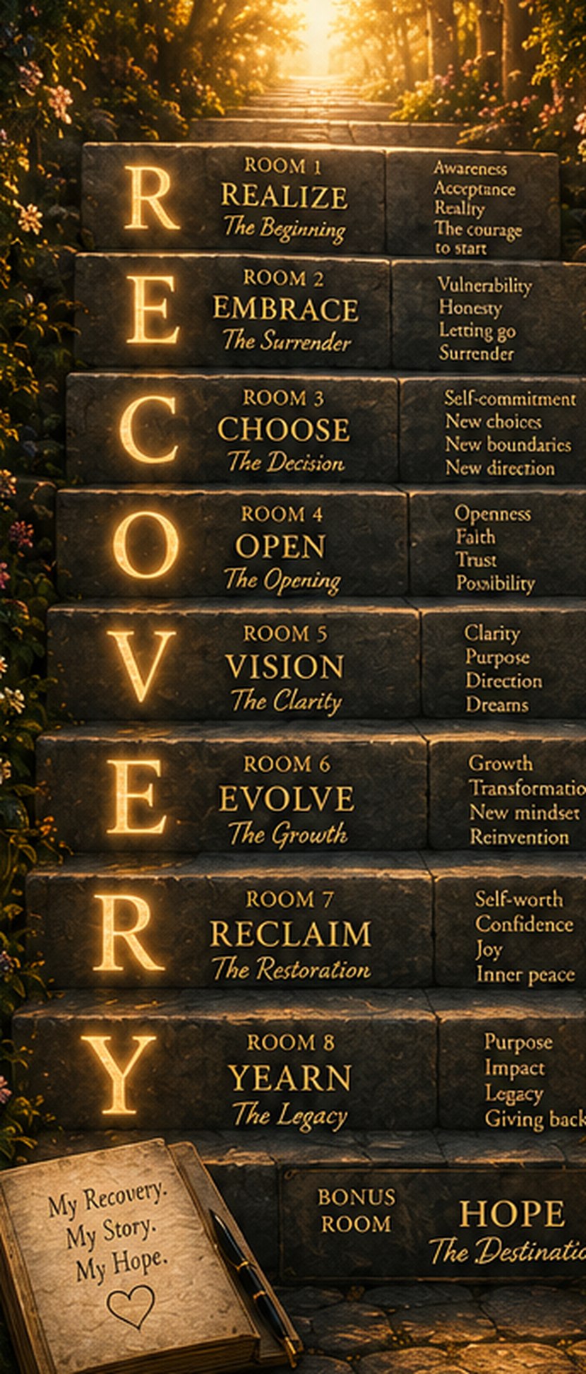 A staircase of eight lit steps climbing towards the light, each step named for one letter of the word RECOVERY, with HOPE at the top