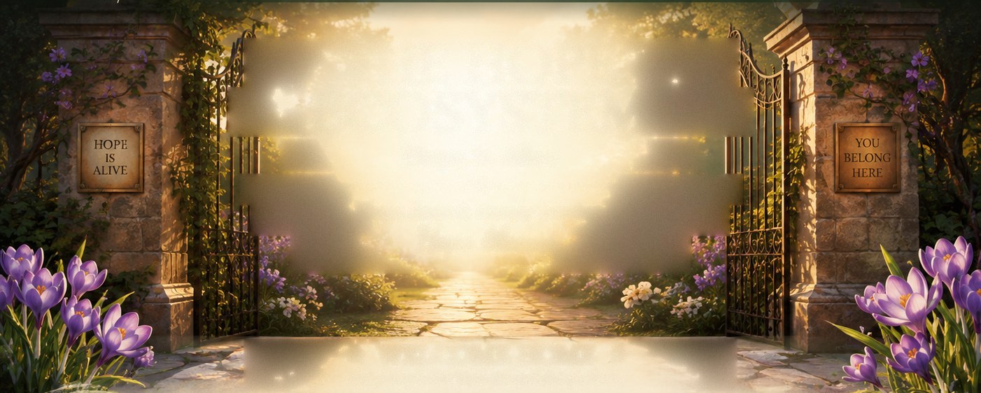 Open iron gates onto a sunlit garden path, crocuses in bloom, with plaques reading Hope Is Alive and You Belong Here